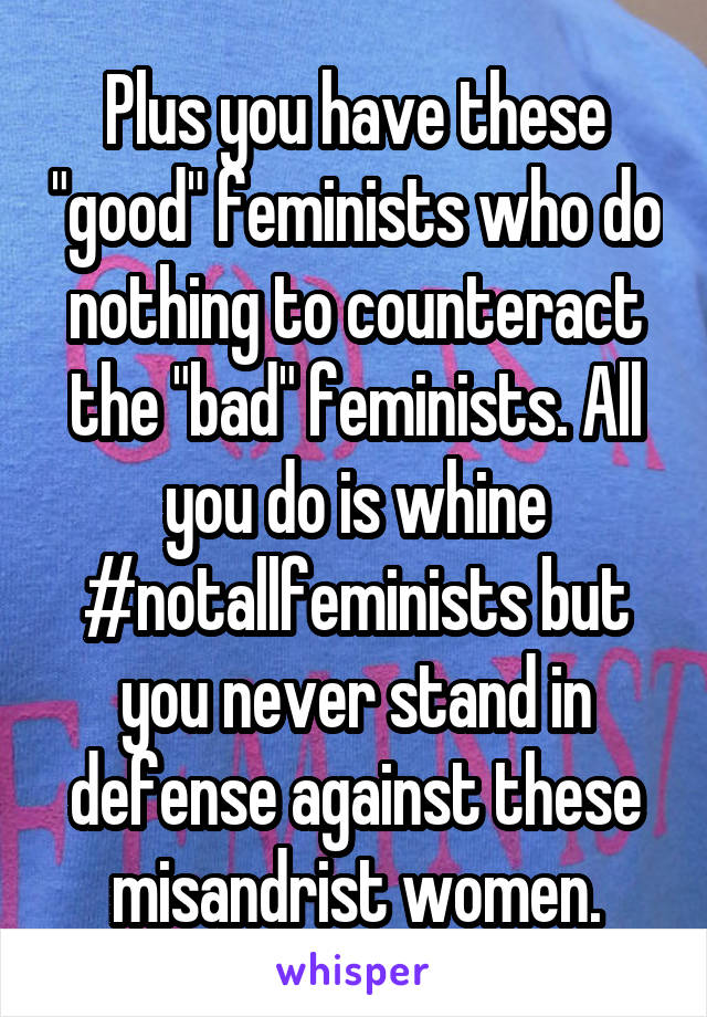 Plus you have these "good" feminists who do nothing to counteract the "bad" feminists. All you do is whine #notallfeminists but you never stand in defense against these misandrist women.