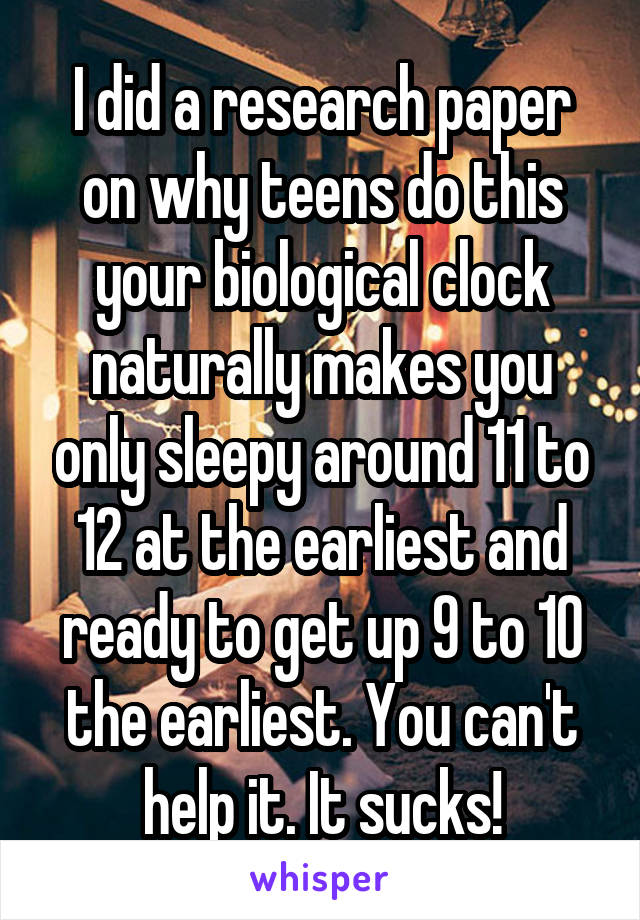 I did a research paper on why teens do this your biological clock naturally makes you only sleepy around 11 to 12 at the earliest and ready to get up 9 to 10 the earliest. You can't help it. It sucks!