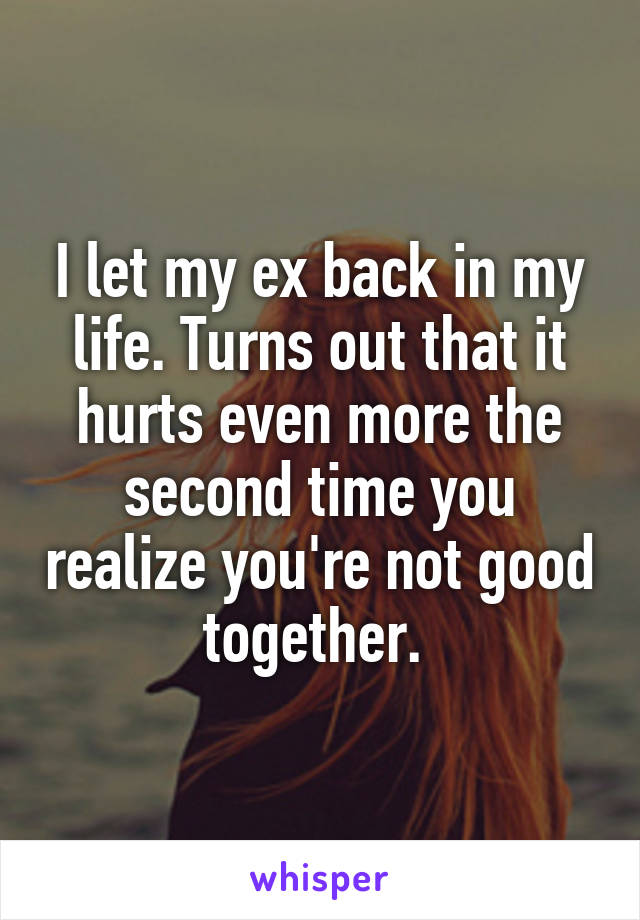 I let my ex back in my life. Turns out that it hurts even more the second time you realize you're not good together. 