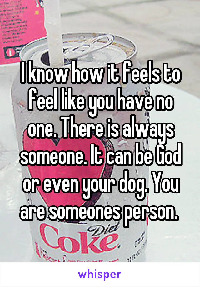 I know how it feels to feel like you have no one. There is always someone. It can be God or even your dog. You are someones person. 