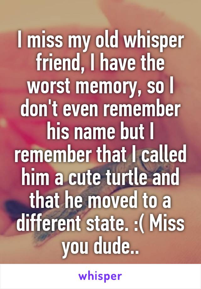 I miss my old whisper friend, I have the worst memory, so I don't even remember his name but I remember that I called him a cute turtle and that he moved to a different state. :( Miss you dude..