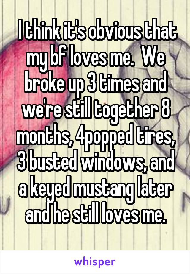  I think it's obvious that my bf loves me.  We broke up 3 times and we're still together 8 months, 4popped tires, 3 busted windows, and a keyed mustang later and he still loves me.
