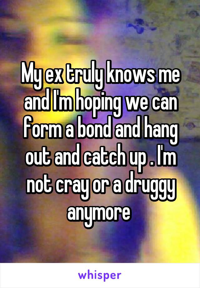 My ex truly knows me and I'm hoping we can form a bond and hang out and catch up . I'm not cray or a druggy anymore 