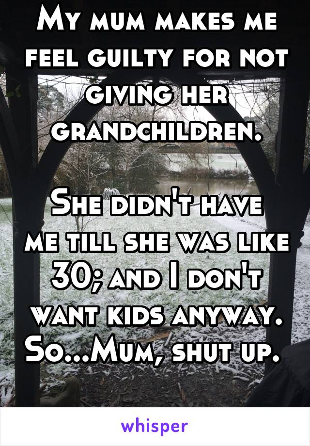 My mum makes me feel guilty for not giving her grandchildren.

She didn't have me till she was like 30; and I don't want kids anyway. So...Mum, shut up. 

