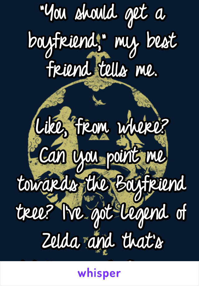 "You should get a boyfriend," my best friend tells me.

Like, from where? Can you point me towards the Boyfriend tree? I've got Legend of Zelda and that's totally enough for me. 
