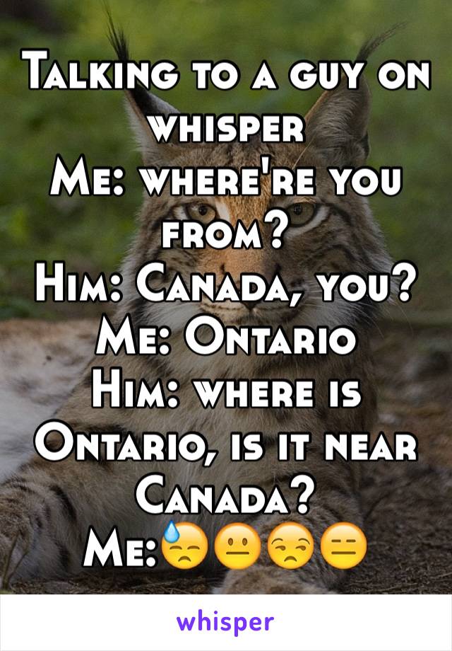 Talking to a guy on whisper
Me: where're you from?
Him: Canada, you?
Me: Ontario
Him: where is Ontario, is it near Canada?
Me:😓😐😒😑
