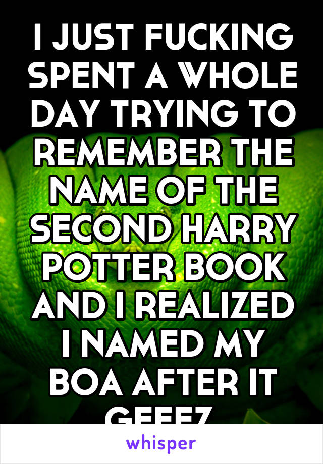 I JUST FUCKING SPENT A WHOLE DAY TRYING TO REMEMBER THE NAME OF THE SECOND HARRY POTTER BOOK AND I REALIZED I NAMED MY BOA AFTER IT GEEEZ 