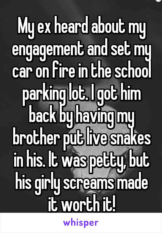My ex heard about my engagement and set my car on fire in the school parking lot. I got him back by having my brother put live snakes in his. It was petty, but his girly screams made it worth it!