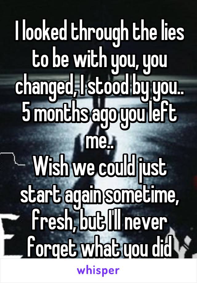 I looked through the lies to be with you, you changed, I stood by you..
5 months ago you left me..
Wish we could just start again sometime, fresh, but I'll never forget what you did