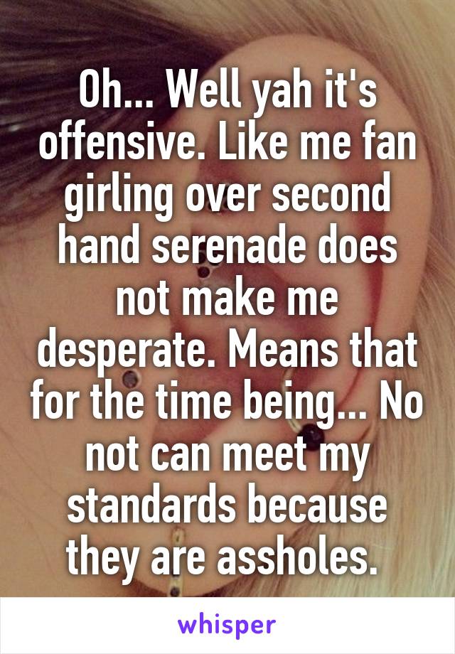 Oh... Well yah it's offensive. Like me fan girling over second hand serenade does not make me desperate. Means that for the time being... No not can meet my standards because they are assholes. 