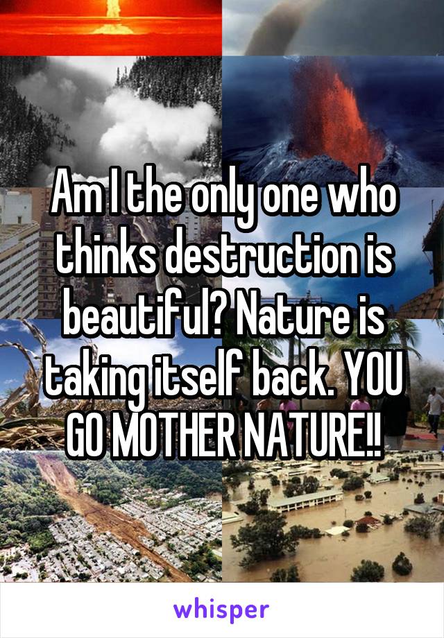 Am I the only one who thinks destruction is beautiful? Nature is taking itself back. YOU GO MOTHER NATURE!!