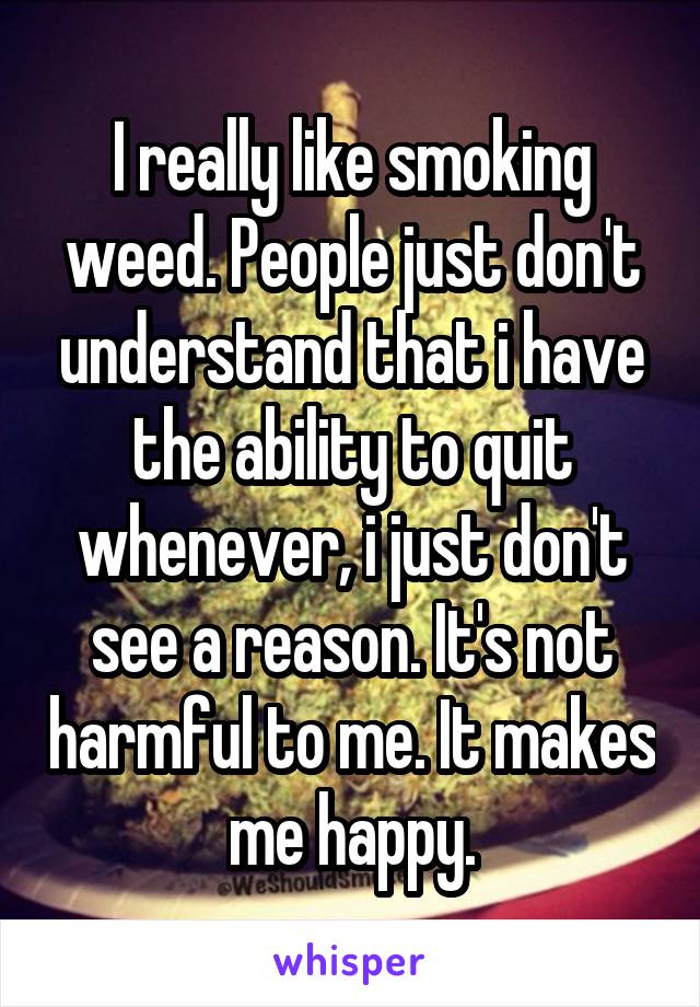I really like smoking weed. People just don't understand that i have the ability to quit whenever, i just don't see a reason. It's not harmful to me. It makes me happy.
