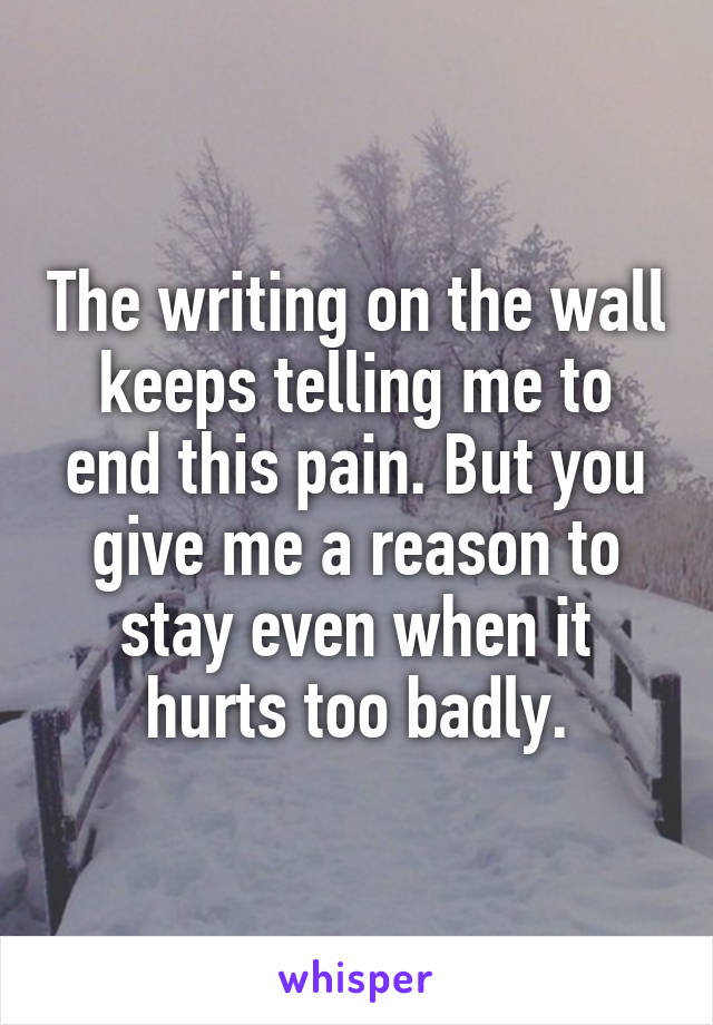 The writing on the wall keeps telling me to end this pain. But you give me a reason to stay even when it hurts too badly.