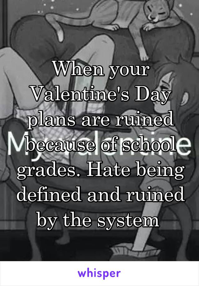When your Valentine's Day plans are ruined because of school grades. Hate being defined and ruined by the system 