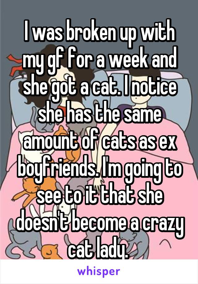 I was broken up with my gf for a week and she got a cat. I notice she has the same amount of cats as ex boyfriends. I'm going to see to it that she doesn't become a crazy cat lady. 