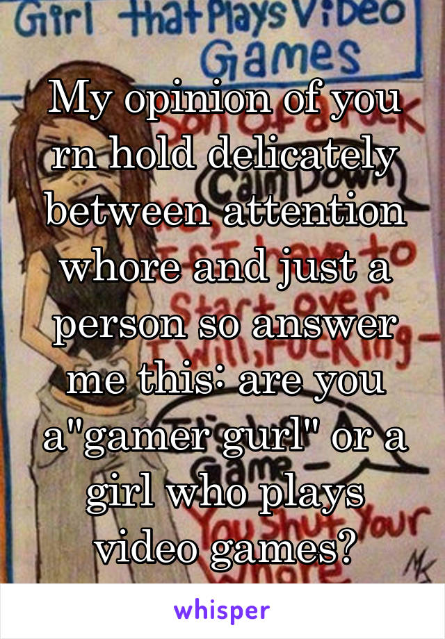 My opinion of you rn hold delicately between attention whore and just a person so answer me this: are you a"gamer gurl" or a girl who plays video games?