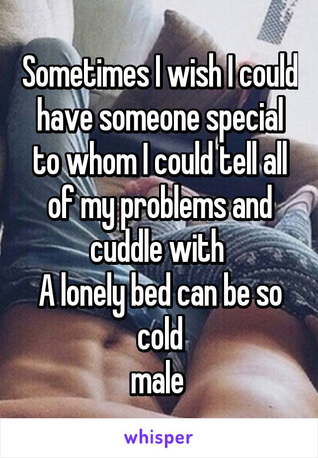 Sometimes I wish I could have someone special to whom I could tell all of my problems and cuddle with 
A lonely bed can be so cold
male 