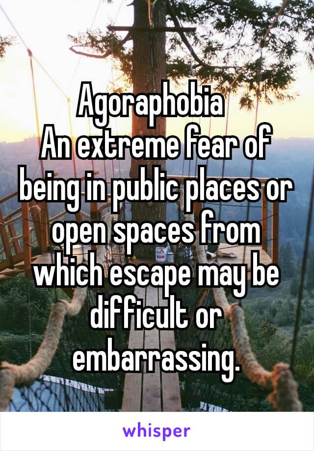 Agoraphobia 
An extreme fear of being in public places or open spaces from which escape may be difficult or embarrassing.