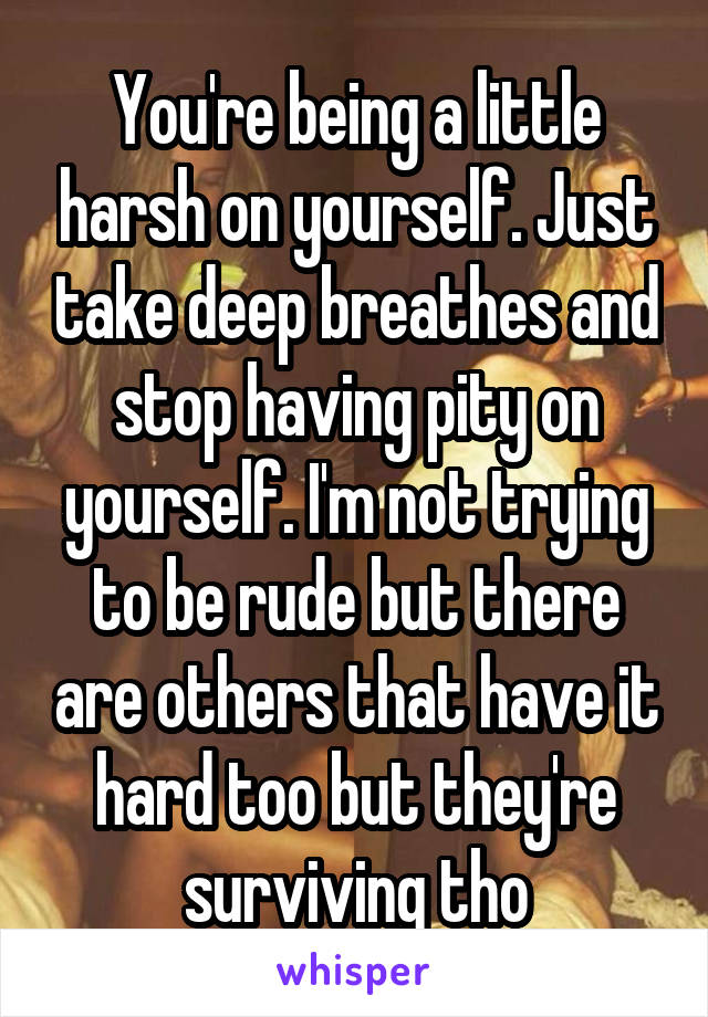You're being a little harsh on yourself. Just take deep breathes and stop having pity on yourself. I'm not trying to be rude but there are others that have it hard too but they're surviving tho