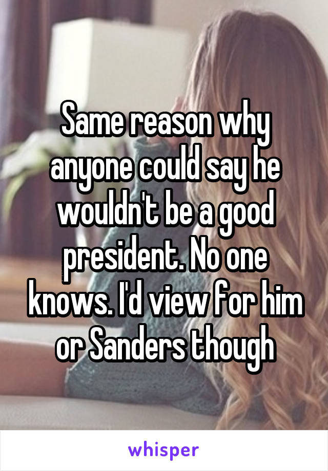 Same reason why anyone could say he wouldn't be a good president. No one knows. I'd view for him or Sanders though