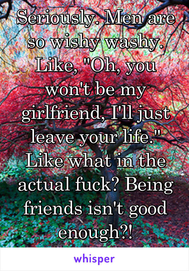Seriously. Men are so wishy washy. Like, "Oh, you won't be my girlfriend, I'll just leave your life." Like what in the actual fuck? Being friends isn't good enough?!
