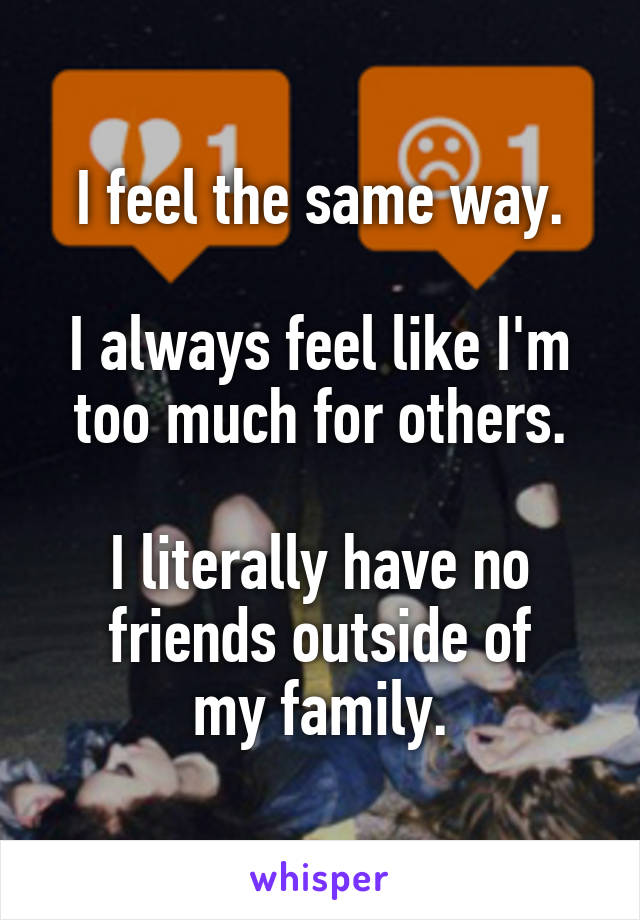I feel the same way.

I always feel like I'm too much for others.

I literally have no friends outside of
my family.