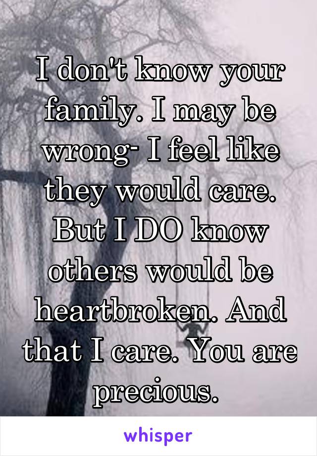 I don't know your family. I may be wrong- I feel like they would care. But I DO know others would be heartbroken. And that I care. You are precious. 