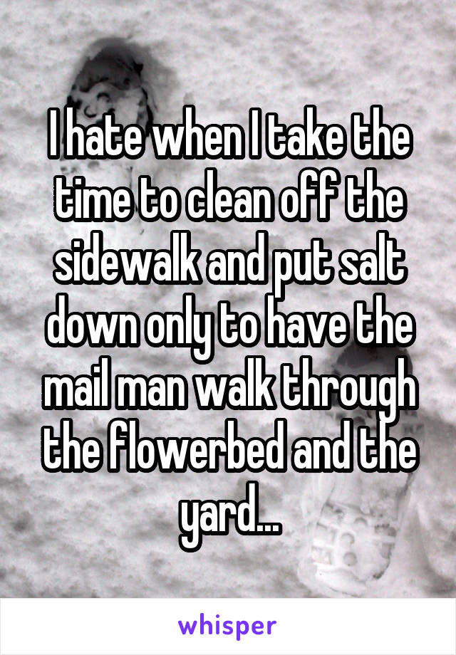 I hate when I take the time to clean off the sidewalk and put salt down only to have the mail man walk through the flowerbed and the yard...