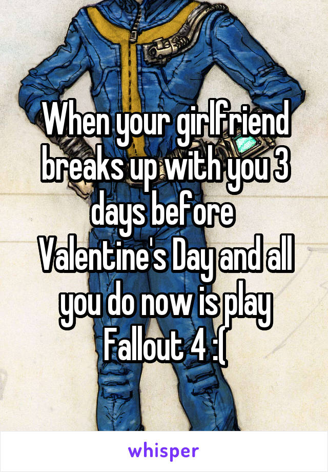 When your girlfriend
breaks up with you 3 days before 
Valentine's Day and all you do now is play Fallout 4 :(