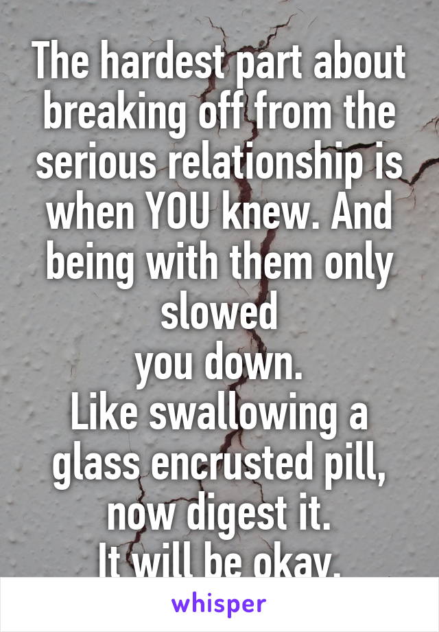 The hardest part about breaking off from the serious relationship is when YOU knew. And being with them only slowed
you down.
Like swallowing a glass encrusted pill, now digest it.
It will be okay.