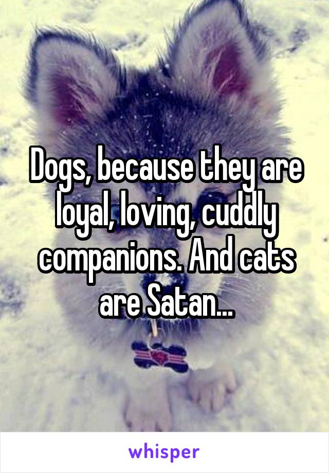 Dogs, because they are loyal, loving, cuddly companions. And cats are Satan...