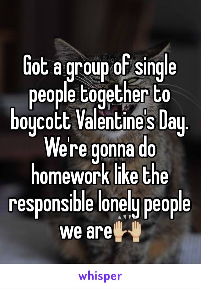 Got a group of single people together to boycott Valentine's Day.
We're gonna do homework like the responsible lonely people we are🙌🏼