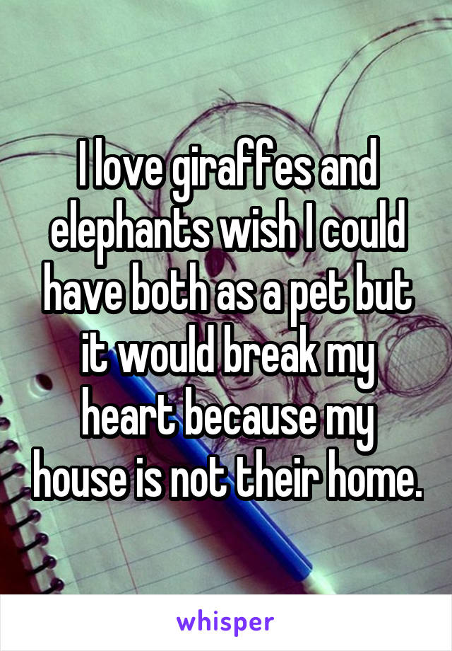 I love giraffes and elephants wish I could have both as a pet but it would break my heart because my house is not their home.