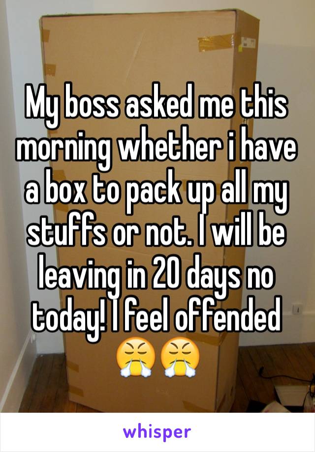 My boss asked me this morning whether i have a box to pack up all my stuffs or not. I will be leaving in 20 days no today! I feel offended 😤😤