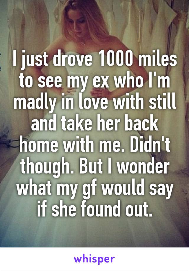 I just drove 1000 miles to see my ex who I'm madly in love with still and take her back home with me. Didn't though. But I wonder what my gf would say if she found out.