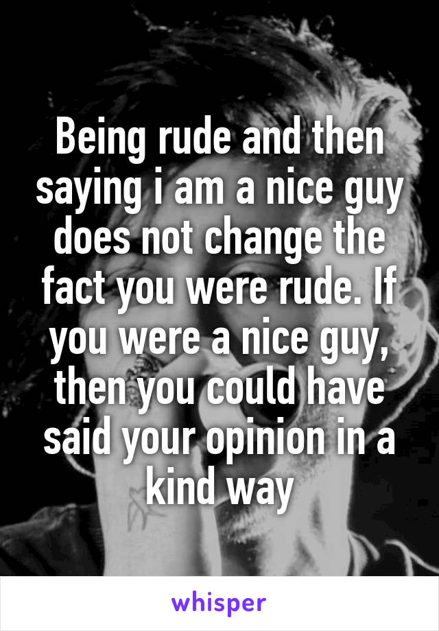 Being rude and then saying i am a nice guy does not change the fact you were rude. If you were a nice guy, then you could have said your opinion in a kind way