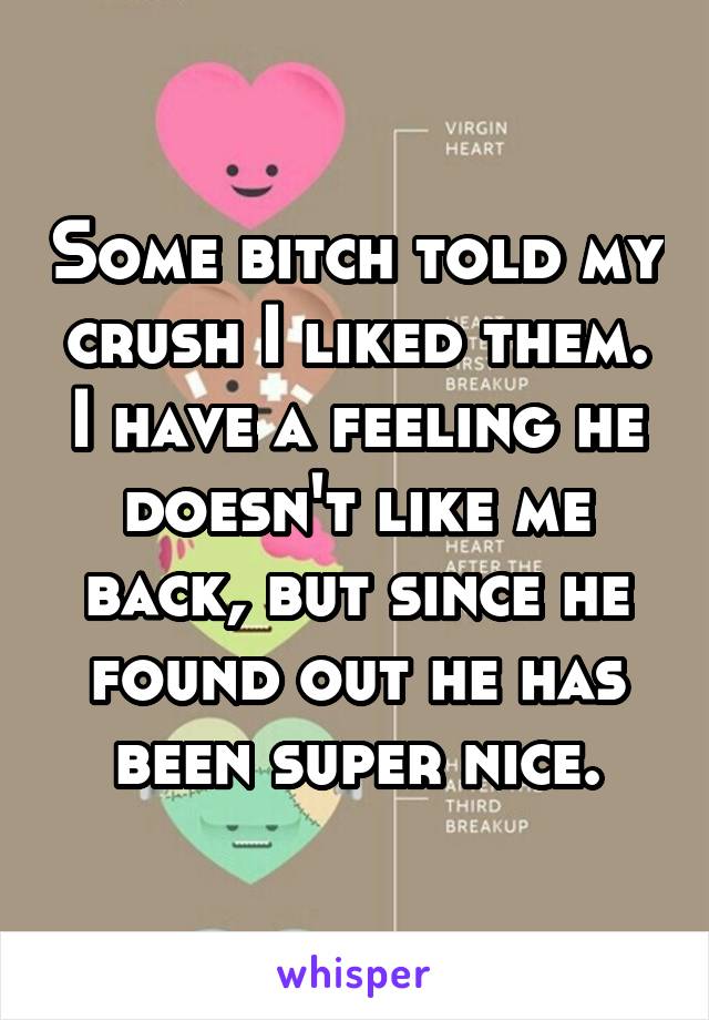 Some bitch told my crush I liked them. I have a feeling he doesn't like me back, but since he found out he has been super nice.
