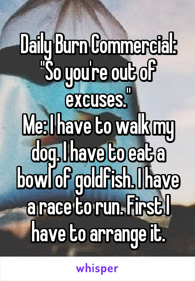 Daily Burn Commercial: "So you're out of excuses."
Me: I have to walk my dog. I have to eat a bowl of goldfish. I have a race to run. First I have to arrange it.