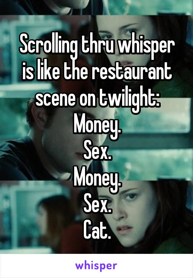 Scrolling thru whisper is like the restaurant scene on twilight:
Money.
Sex.
Money.
Sex.
Cat.