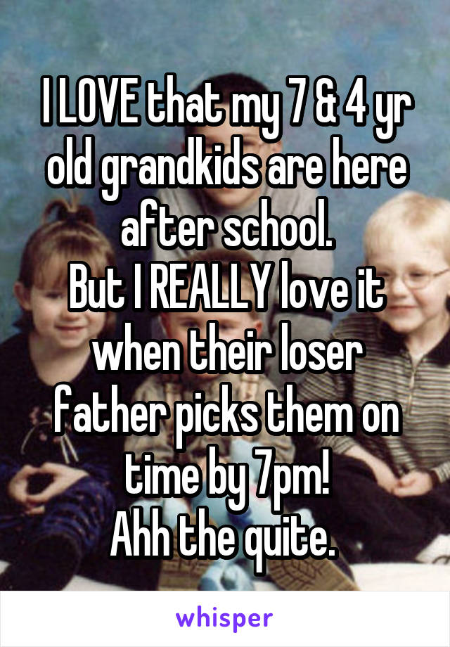 I LOVE that my 7 & 4 yr old grandkids are here after school.
But I REALLY love it when their loser father picks them on time by 7pm!
Ahh the quite. 