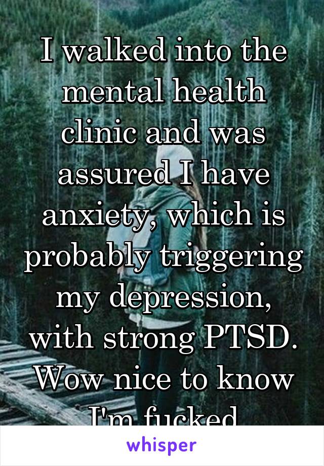 I walked into the mental health clinic and was assured I have anxiety, which is probably triggering my depression, with strong PTSD. Wow nice to know I'm fucked