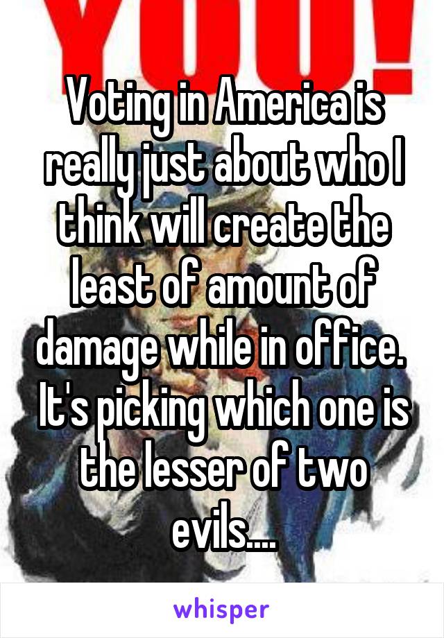 Voting in America is really just about who I think will create the least of amount of damage while in office.  It's picking which one is the lesser of two evils....