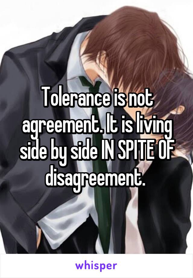 Tolerance is not agreement. It is living side by side IN SPITE OF disagreement. 