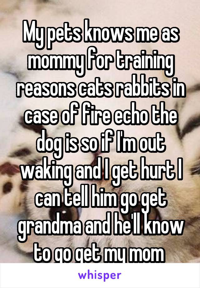 My pets knows me as mommy for training reasons cats rabbits in case of fire echo the dog is so if I'm out waking and I get hurt I can tell him go get grandma and he'll know to go get my mom 