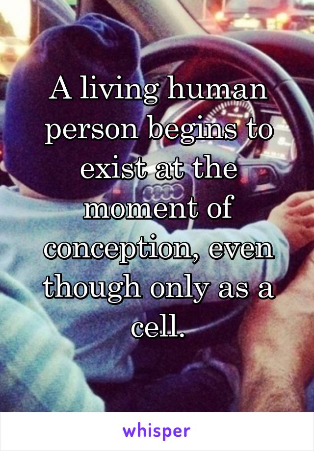 A living human person begins to exist at the moment of conception, even though only as a cell.
