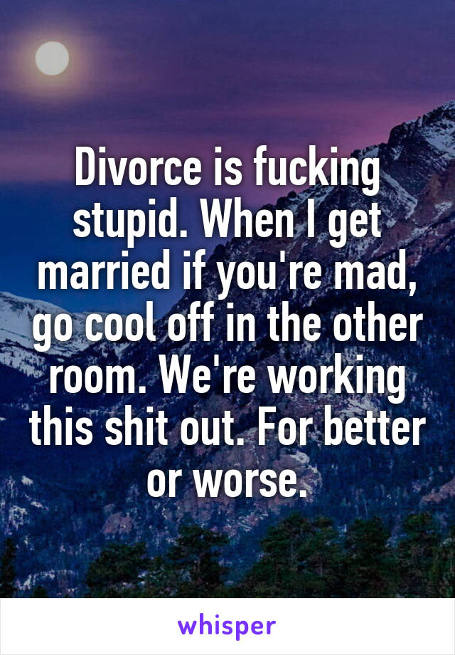 Divorce is fucking stupid. When I get married if you're mad, go cool off in the other room. We're working this shit out. For better or worse.