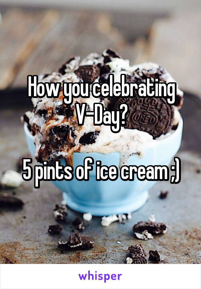 How you celebrating V-Day?

5 pints of ice cream ;)
