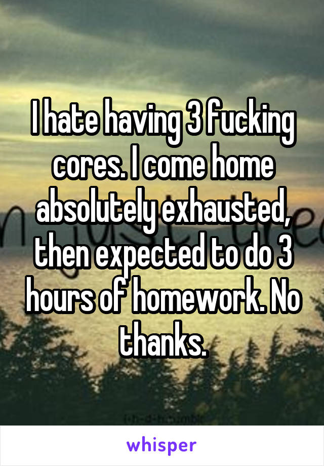 I hate having 3 fucking cores. I come home absolutely exhausted, then expected to do 3 hours of homework. No thanks.