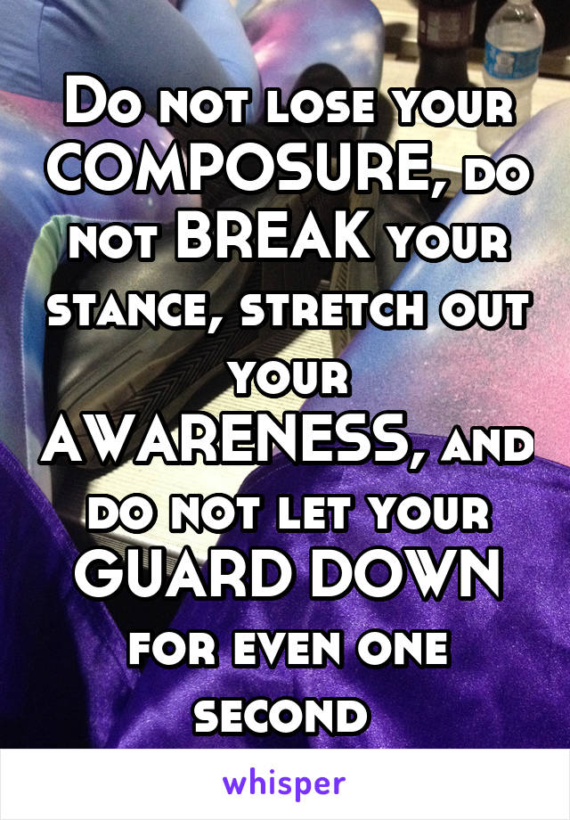 Do not lose your COMPOSURE, do not BREAK your stance, stretch out your AWARENESS, and do not let your GUARD DOWN for even one second 