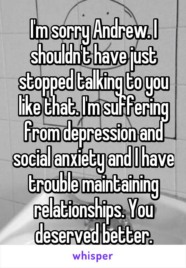 I'm sorry Andrew. I shouldn't have just stopped talking to you like that. I'm suffering from depression and social anxiety and I have trouble maintaining relationships. You deserved better.
